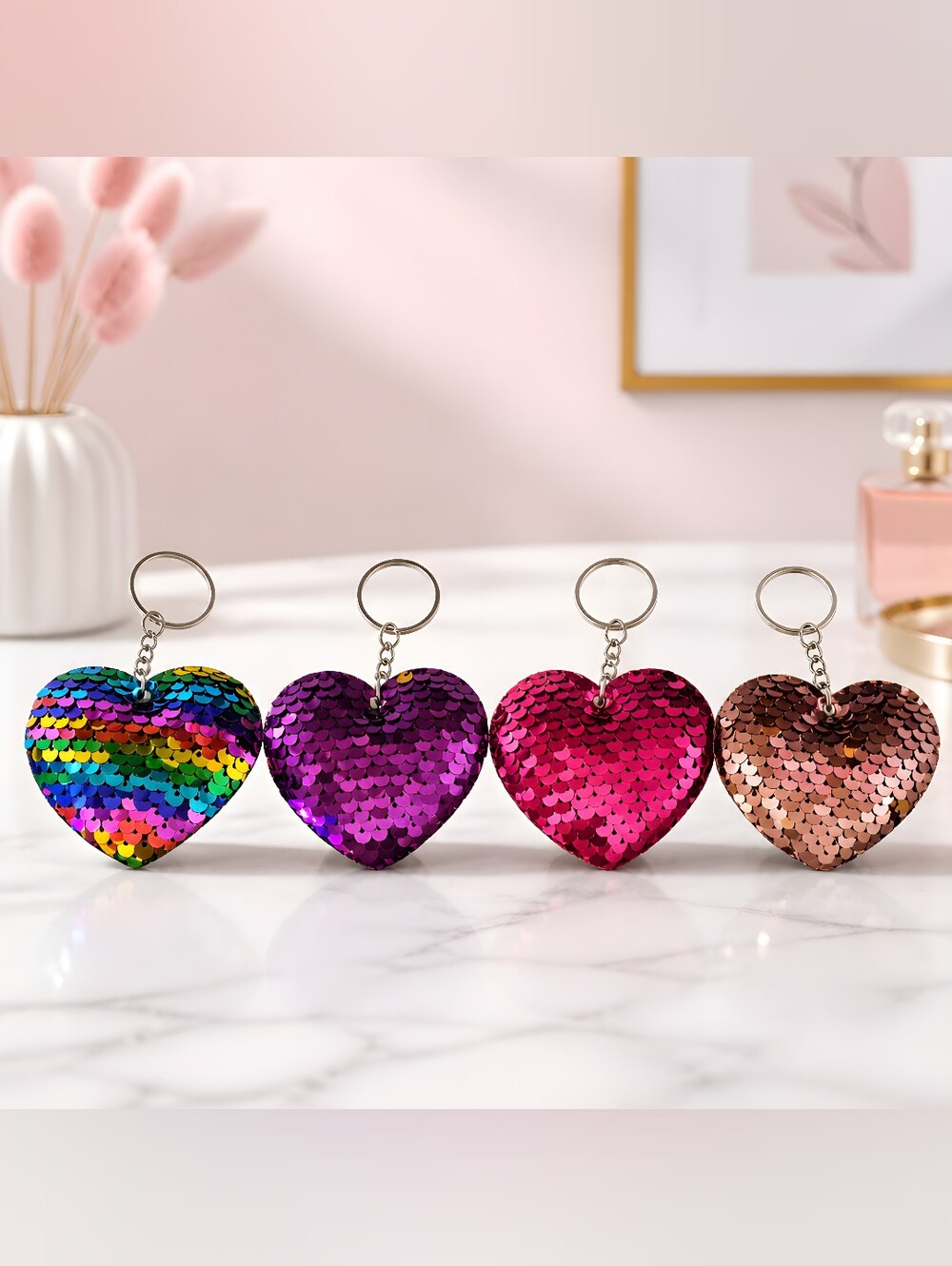Sequin Heart Keychain - Rainbow/Fushia/Pink/Rose Gold(light Pink)